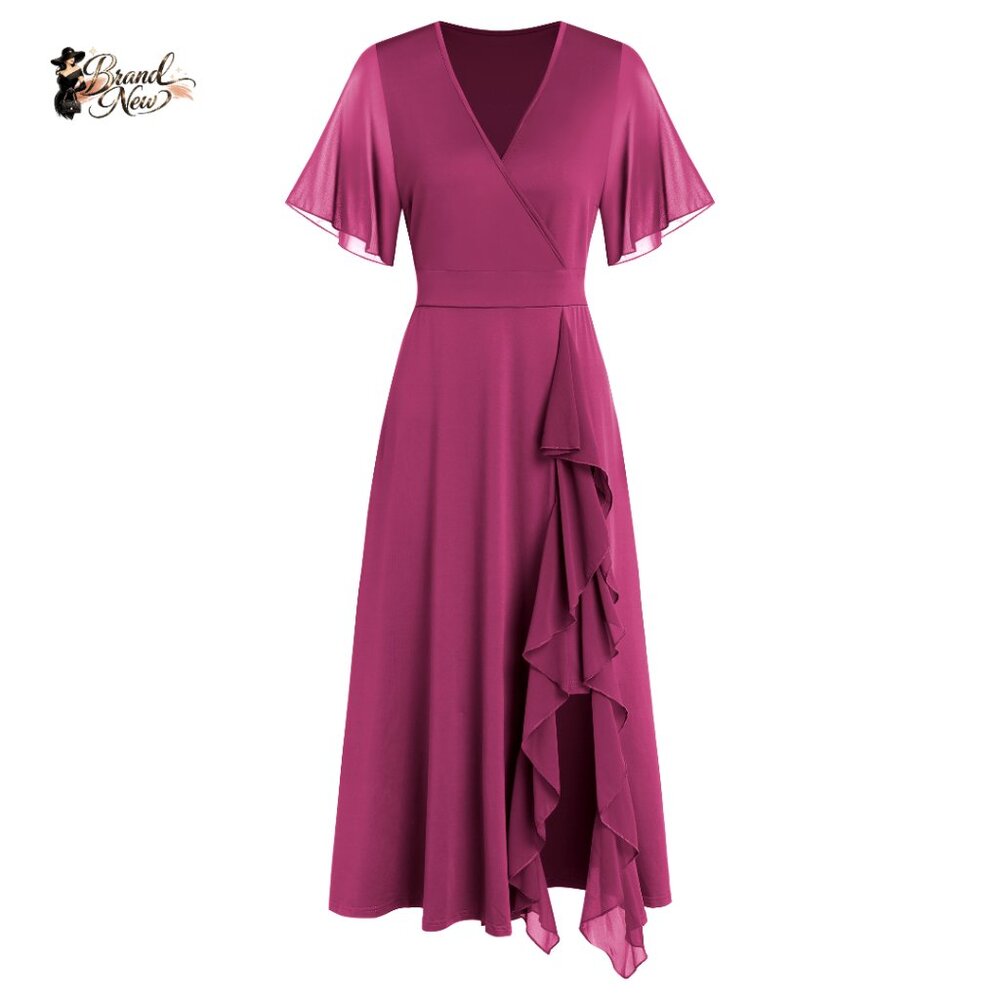 Polyester Blend V-Neck Flared Sleeve Evening Dres… - image 7